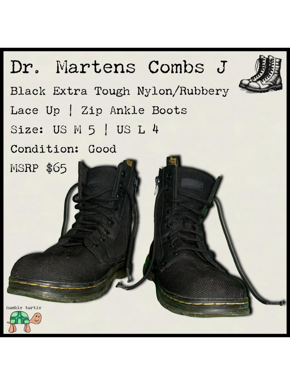 Dr. Martens Combs J Black Nylon/Rubbery Lace Up Zip Ankle Boots US M 5